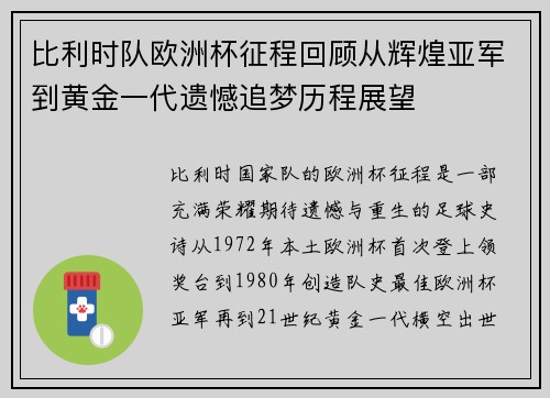 比利时队欧洲杯征程回顾从辉煌亚军到黄金一代遗憾追梦历程展望